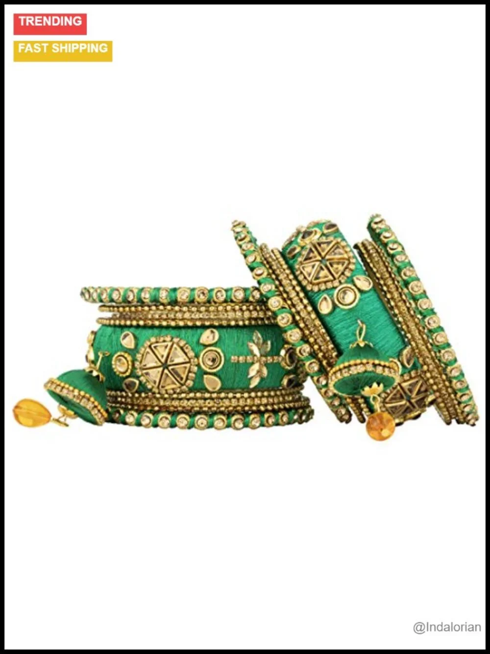 Faux Stone Studded Silk Thread Bangle Chuda Set with Jhumki Tassel Indian